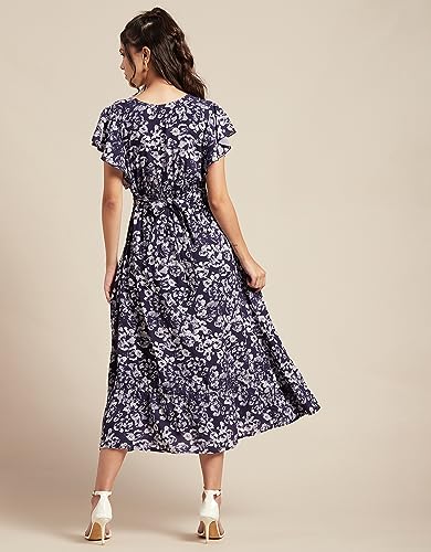 Image of Moomaya Women's Printed Dress, V-Neck, Short Sleeves, Ruffled Midi Summer Dress