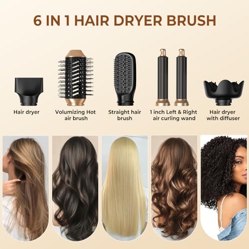 6 in 1 Blow Dryer Brush, Air Curling Iron Air Styler,Negative Ionic Hair Dryer Brush Set,Air Dryer Diffuser Curly Hair Straight, Volumize, Drying Hair Styling Tool - Thumbnail 2