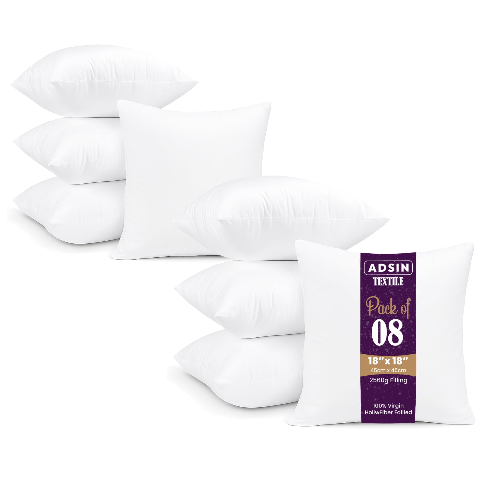 Set of 8-45cm x 45cm Hollowfibre Cushion New White Pad Inner Stuffer Pillow Polyester Insert Square Hypoallergenic (Pack of 8 | 18" x 18")