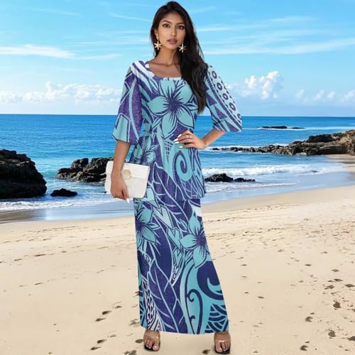 Hawaiian Flower Print Women Ruffle Top Long Skirts Set Half Sleeve Top High Waist Maxi Skirts for Party, Wedding4