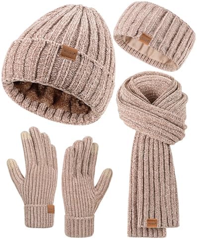 Women Beanie Scarf Gloves Headband Set, Chenille Winter Hats Flee...