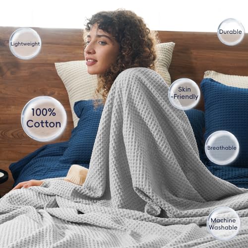 Image of PHF 100% Cotton Waffle Throw Blanket Lightweight Breathable, Light Grey