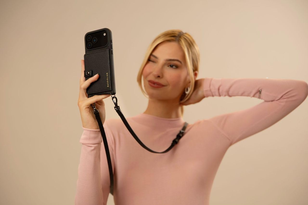 Bandolier Mila Crossbody Wallet Phone Case [MagSafe Compatible] for iPhone 17 Pro Max. 100% Genuine Pebble Leather. Adjustable & Removable Strap. Black with Pewter Hardware - Image 6