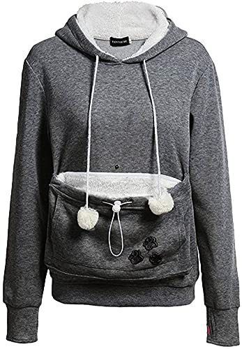 ShallGood Damen Kapuzenpullover Sweatshirt Herbst und Winter Long Sleeve Hoodie Pullover mit Katze/Hund Tasche A Grau DE 36