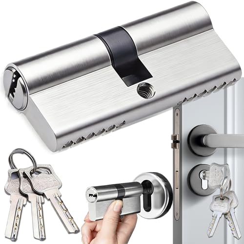 Benaton 70 mm Serratura Cilindrica, Cilindro di Chiusura in Ottone, Cilindro per Serratura Della Porta Interna, Universale Cilindro Della Porta in Rame, Serratura a Cilindro con 3 Chiavi, Argento
