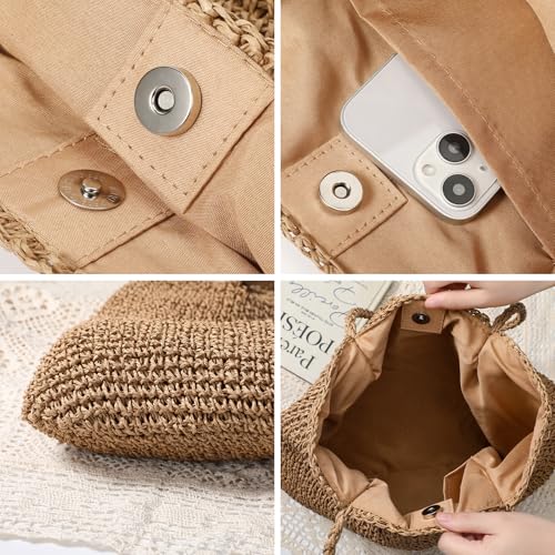Image of Pleneal Straw Beach Bags for Women - Women Beach Handmade Woven Tote Bag, Summer Mesh Hollow Shoulder Bag for Holiday
