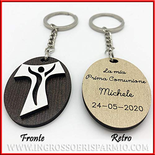Schlüsselanhänger aus Holz, personalisierbar mit ovalem Anhänger und Kreuz Tao/Tau, Heilige Gastgeschenke Taufe, Kommunion, Konfirmation (mit Personalisierung, ohne Verpackung)