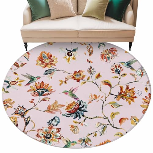 Xibuciein Spring Florals Felt Area Rug with Dotted Non-Slip Backing, Oil Painting Red Orange Floral Branch Hummingbird Pink Natural Floor Mat for Living Room Bedroom Office, 152cm, Round