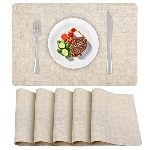 APLKER Placemats Set of 6 Faux Leather Dual-Sided Washable Table Mats Non-Slip Place Mats for Dining Party Indoor Outdoor (Beige, 15.8 x 11.8)
