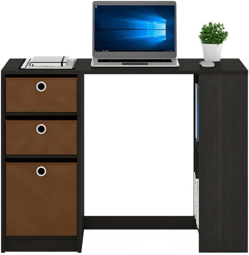 Pemberly Row Modern Engineered Wood Computer Desk, Espresso Finish, 39.37 in Wide, Space-Saving Design with Shelves and Non-Woven Bins, Sturdy Study Desk for Apartment, Dorm, or Small Home Office Use