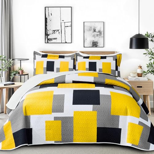 Image of Tyrot 2 Piece Yellow Grey Quilt Twin Size Black White Quilt Bedding Set | Lightweight Bedspread, Geometric Coverlet with 1 Sham, Modern Abstract Soft Microfiber, Bed Cover for All Season, 68''x86''