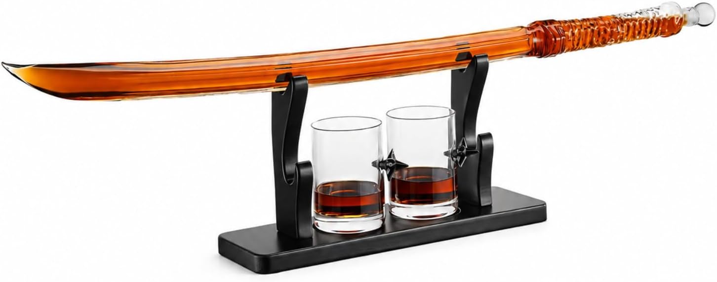 Samurai Sword Large Whiskey & Wine Decanter - 13.5OZ Liquor & 2 Ninja Star 10oz Glasses - Scotch, Bourbon, Barware Gifts Japanese Katana, Kendo, Iaido, Kenjutsu, Anime Decor Zoro’s Swords Gift for Men