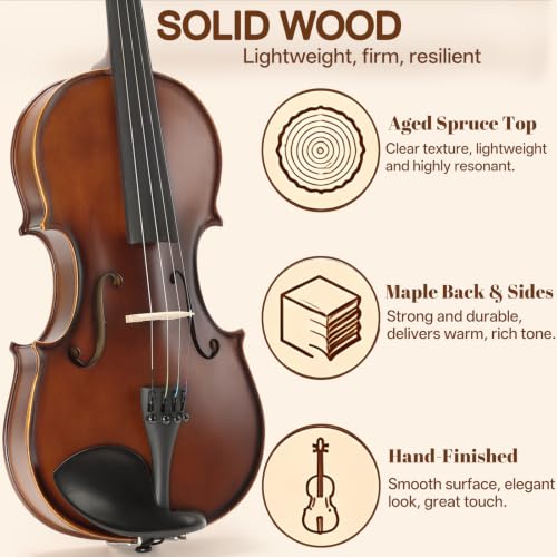 Image of Kmise Teacher Approved 4 /4 Full Size Violin Starter Kit for Adults Beginners Students, Tough Jujube Wood Acoustic Violins, Fiddle Bundle with Case, Bow, Rosin, Strings, Shoulder Rest & Guide
