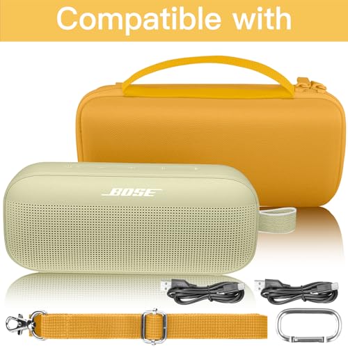 Image of co2CREA Hard Travel Case for Bose SoundLink Flex 2 /1 Speaker, Yellow | Carabiner Attachment, Comfortable Hand Strap, Detachable Shoulder Strap, Accessory Organization, Secure Protective Storage