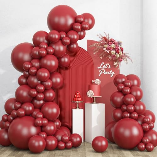 Image of RUBFAC 135pcs Ruby Red Balloons, Cherry Dark Red Burgundy Latex Balloon Different Sizes 18 12 10 5 Inch for Garland Arch Birthday Wedding Party Decoration