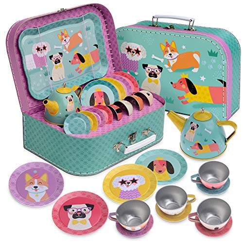 Jewelkeeper 15 Piece Kids Pretend Toy Tin Tea Set & Carrying Case - Puppy Design