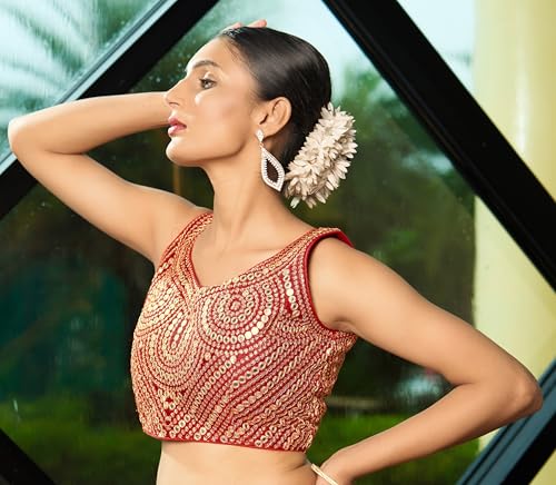 Image of Pujia Mills Fancy Women's foil Mirror and Thread Zari Work Sweetheart Neck Silk Sleeveless Blouse (PC Bindi Foil Parent)