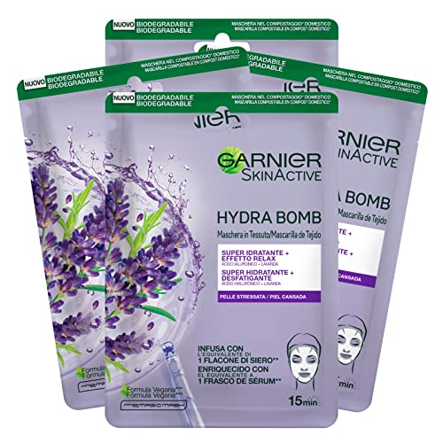 Garnier SkinActive Hydra Bomb - Mascarilla facial de tejido súper hidratante con efecto relajante, fórmula vegana, con lavanda y ácido hialurónico, de acción relajante para pieles estresadas, 4