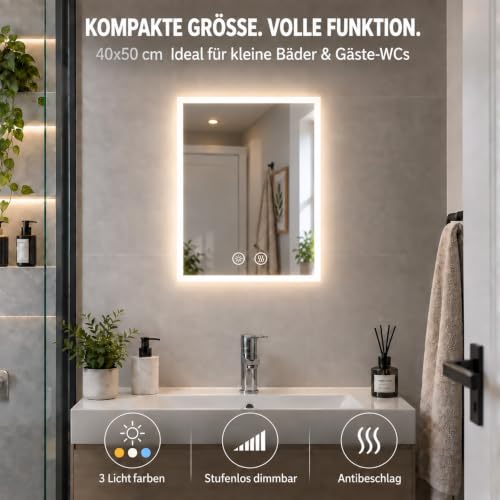 LUVODI Badspiegel mit Beleuchtung 40x50 cm, dimmbar, beschlagfrei – Ansicht 2