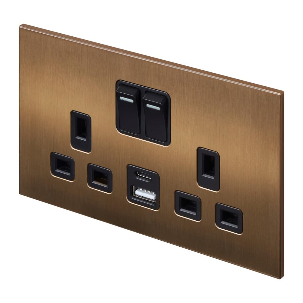 Retrotouch Aura Socket 13A Double DP Switched USB - Brushed Bronze