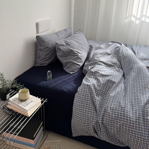 Image of VM VOUGEMARKET Demin Blue Gingham Duvet Cover Queen 3 Pieces Neutral Plaid Grid Duvet Cover 100% Washed Cotton Comforter Cover with 2 Pillowcases Farmhouse Checkered Bedding Set