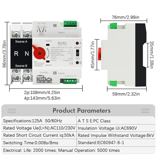 Commutateur de transfert automatique 2P 110V 125A pour inverseur de source grid - 2