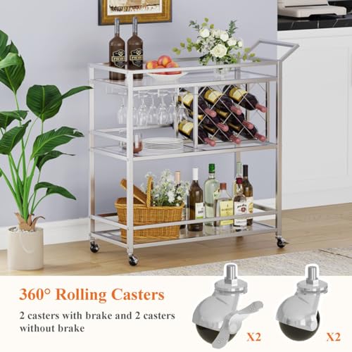 Image of FATORRI Bar Cart Silver, Bar Carts for The Home, Home Bar Serving Carts for Liquor, Rolling Wine Cart with 3 Tier Mirrored Shelves on Wheels for Alcohol and Beverage (Silver)