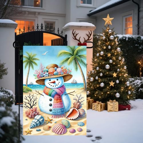 Image of BlissYard Winter Garden Flag Beach Snowman Coastal Scene 12 x 18 Inch