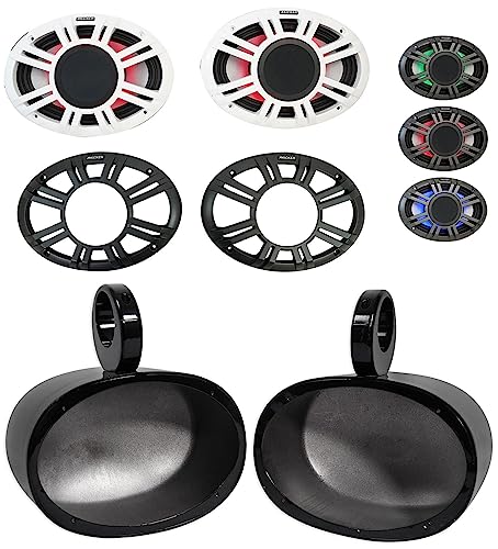KICKER (2) 48KMXL694 300w 6x9 Marine Boat Black Wakeboard Tower Speakers w/LED Bundle with Rockville Speaker Pod Enclosures (2 Items)