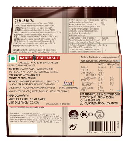 Image of Callebaut 70-30-38 Dark Chocolate Callets - 400 g | Belgian Chocolate | 70.5% Cocoa
