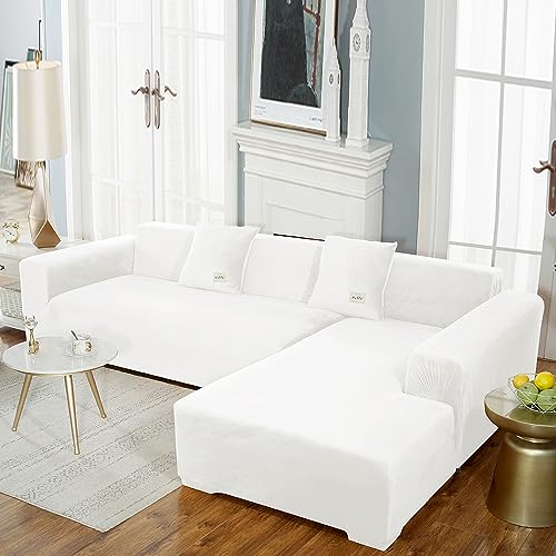 OKJK Fundas para Sofa Chaise Longue de Terciopelo para Sala de Estar, Lavable a máquina, Funda Sofa rinconera de Esquina, Tela Suave y cómoda, a Prueba de Polvo (White,3-Seats 190-230cm 1pc)