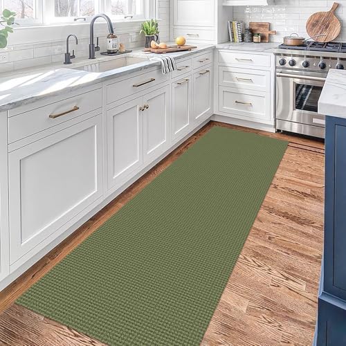 KOZYFLY Runners for Hallways 2x7 ft Washable Kitchen Runner Non Slip Rubber Backed Hall Runners Cotton Entryway Runner Rugs Floor Carpet for Indoor Backdoor Bedroom Kitchen, Olive Green/Earthy Green