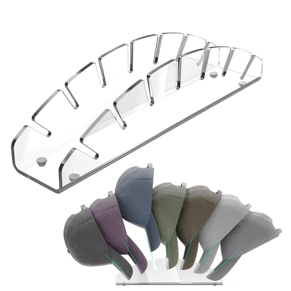Hat Organizer for Closet Shelf, Hat Holder for 7 Baseball Caps, Tabletop Free Standing Hat Storage Rack, Small Ball Cap Stand for Display and Organizer Bedroom Office (Transparent)