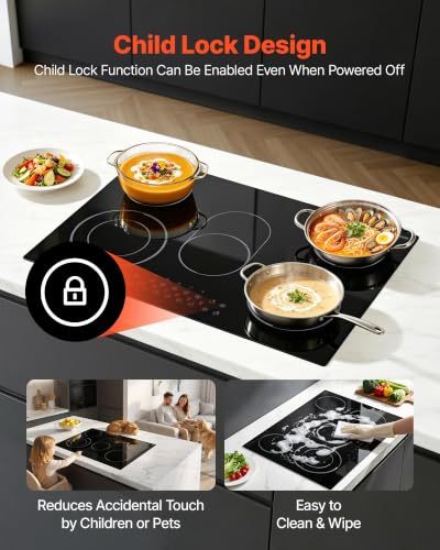 Image of VEVOR Electric Cooktop 30inch 5 Burners Stove Top 8900W 220V No Plug, Ceramic Built-in Radiant Electric Stove, with 9 Power Levels, Timer, Child Lock, Over-Heat Guard, Touch Control