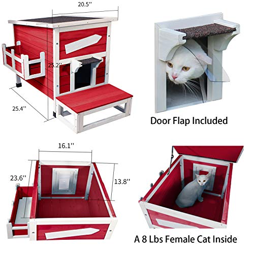 ROCKEVER Outdoor Cat Shelter with Escape Door Rainproof Outside Kitty House Single Story for Two-Three Cats Color Wine Red - Thumbnail 5