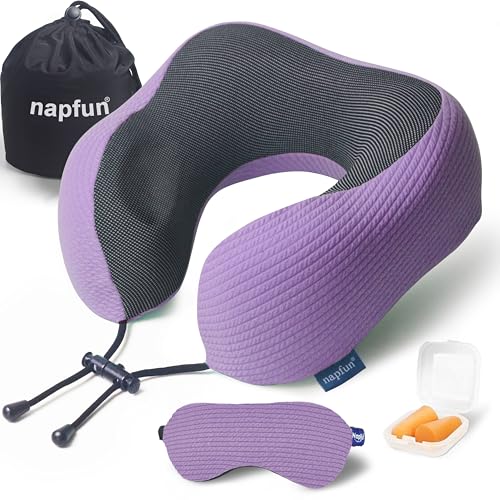 napfun Neck Pillow for Traveling, Upgraded Travel Neck Pillow for Airplane 100% Pure Memory Foam Travel Pillow for Flight Headrest Sleep, Portable Plane Accessories, Striped Light Purple Set