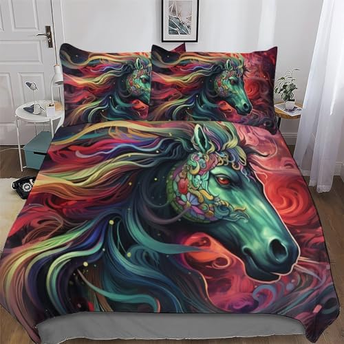 LTTTT Juego de funda de edredón con diseño de caballo, funda de edredón de 2 piezas, ropa de cama con impresión 3D, microfibra suave, tamaño individual (135 x 200 cm)