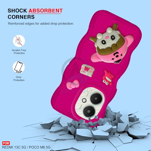 Image of AESTMO Back Case Cover for Redmi 13C 5G / Poco M6 5G | 3D Cute Fun Cartoon Characters | Anti Slip Grip Cute Wave Curly Frame Shape | Back Cover for Redmi 13C 5G / Poco M6 5G | (Pink)