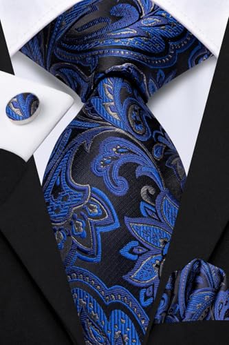 Image of Dubulle Mens Paisley Floral Silk Tie for Men Striped Necktie and Pocket Square Cufflinks Set Wedding Business