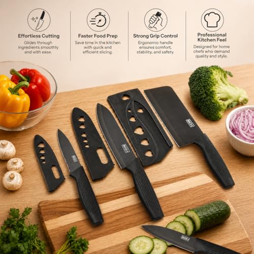 Image of Stainless Steel Kitchen Knife Set 3-Piece with Protective Covers | Sharp Non-Stick Chef, Utility & Paring Knives | Ergonomic Non-Slip Handle for Vegetable, Fruit & Meat Cutting | Black