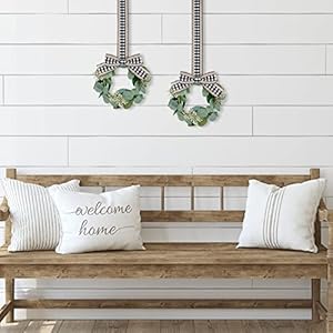 Syhood 2 Pieces 9 Mini Eucalyptus Wreath Artificial Spring Summer Greenery Wreath for Front Door Farmhouse Kitchen Cabinet with Ribbon for Porch Wall Window DecorPlaid Bow Style