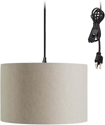 HomeConcept 1 Light Swag Plug-in Pendant 16" w Light Oatmeal Linen Drum Shade, 17 Black Cord