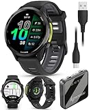 Wearable4U Garmin Forerunner 970 Carbon Gray DLC Titanium Smartwatch mit schwarzem Gehäuse und schwarz-durchscheinendem Weißsteinband, AMOLED-Display, Powerbank-Bundle