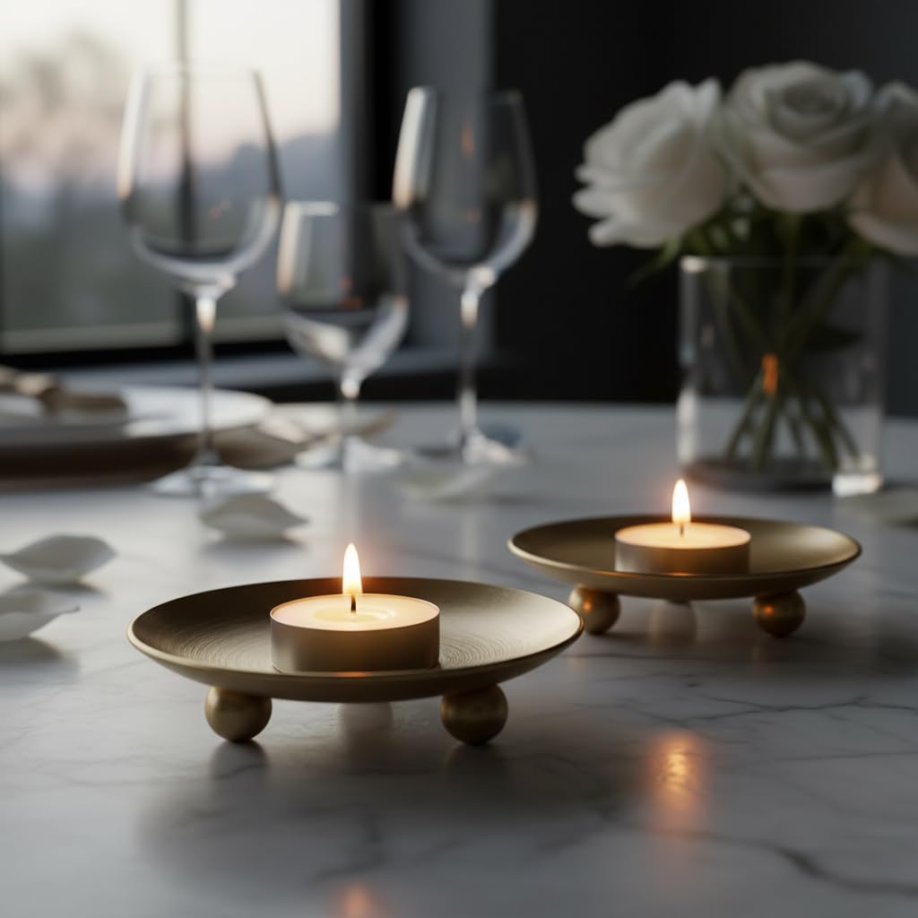 Gold Metal Tealight Candle Holder Set of 2 | Round Decorative Tea Light Holders with Ball Feet | Modern Candle Stand for Home Decor, Diwali, Wedding & Table Centerpiece, Gold-image-16