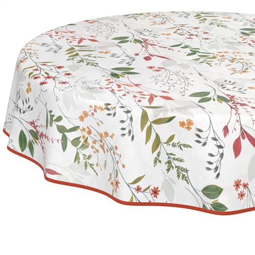 Nappe en Toile cirée Lavable, Facile d'entretien, imperméable, Effet Lotus, pour Table de Jardin, Naturelle, Ronde, 140 cm, avec Ourlet (bordée)
