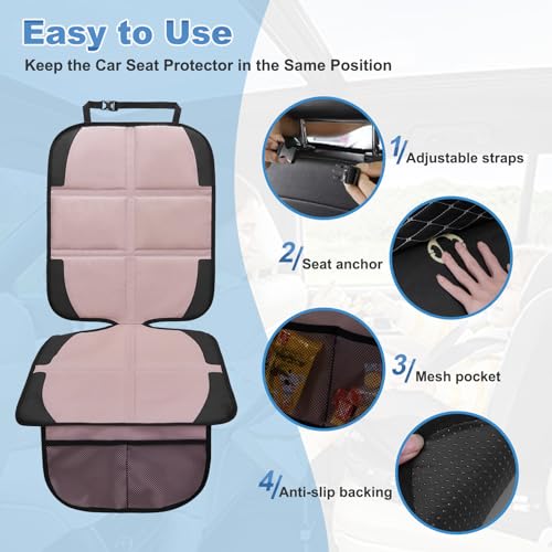 Image of Car Seat Protector for Child, 2 Pack Baby Covers with Mesh Pockets & Non-Slip Backing 600D Durable Under Seat for Back (Rose Gold, Standard)