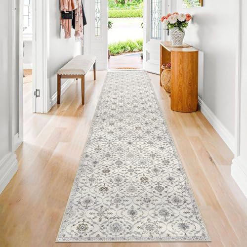 KILOCOCO 2.6x14 Runner Rug, Moroccan Super Soft Washable Hallway Entryway Runner Rug, Accent Print Faux Wool Kitchen Runner 14 Feet Non-Slip Boho Carpet for Laundry Room Bedroom, Cream Beige Grey
