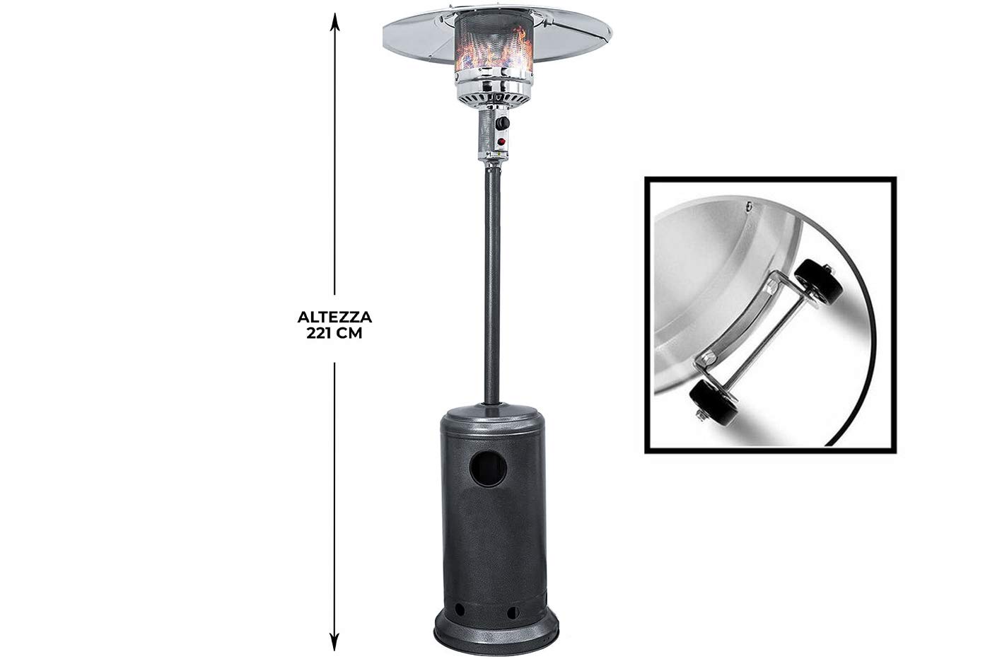 Stufa A Fungo Professionale Gpl 13kW In Acciaio Inox Riscaldatore Esterno Da 2.21 Mt Con Ruote Sicurezza Per Terrazze e Giardini Colore Silver