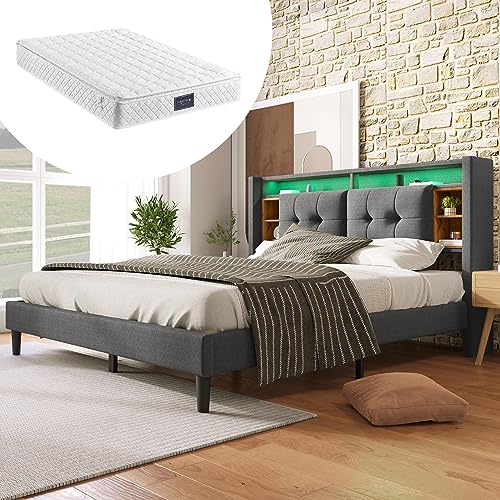 Generisch Cama tapizada de cama doble con espacio de almacenamiento, cabecero de cama con carga USB e iluminación LED, somier de láminas de madera, 160 x 200 cm, gris (con colchón)