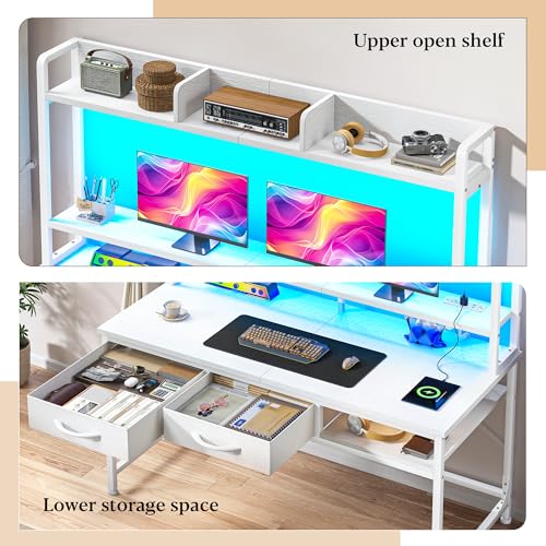 Image of DurayLoly 47.2 inch Gaming Desk with RGB LED and Power Outlet, Computer Desk with Hutch and Monitor Stand, Home Office Desk with Drawers and Shelves, Study Writing Desk Bedroom Dorm Small Space, White